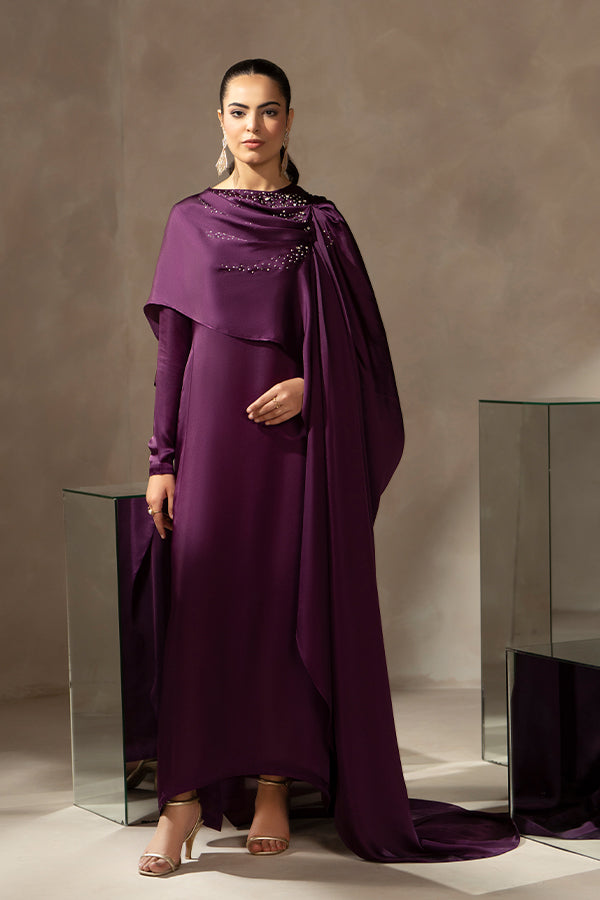 Elegant Purple 2-Piece Set with Stone Embellished Cape