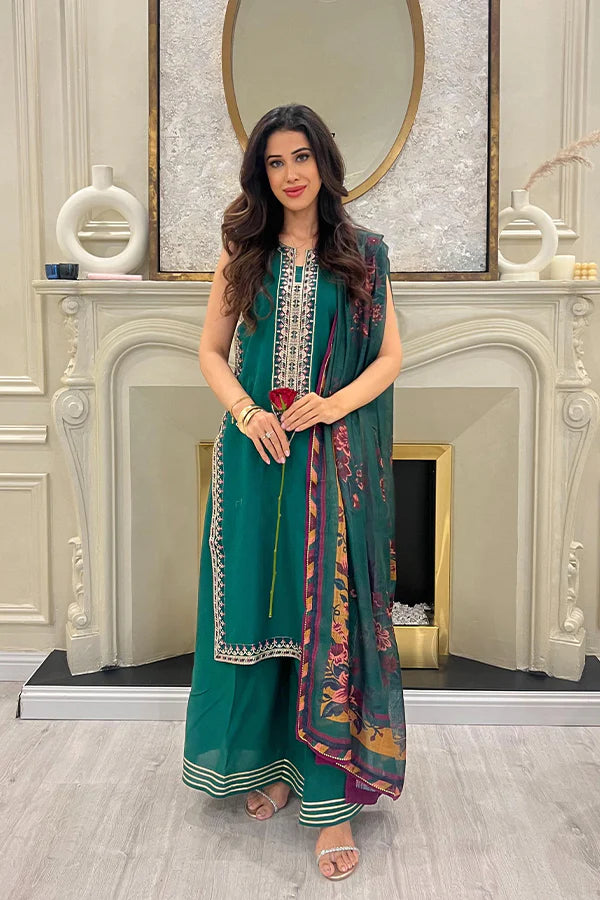 Bottle Green Chikankari Embroidered dress with Net Dupatta