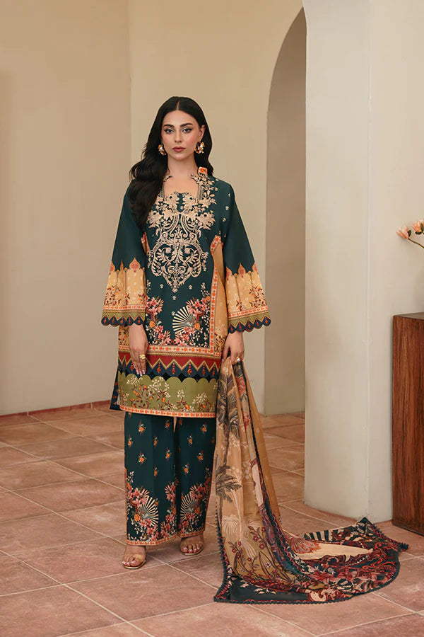 Geet 3-Piece – Green with Funky Florals & Scarlet Silk Dupatta