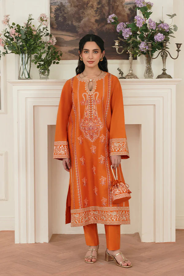 Ulfat Orange Lawn Set with Subtle Colorful Embroidery