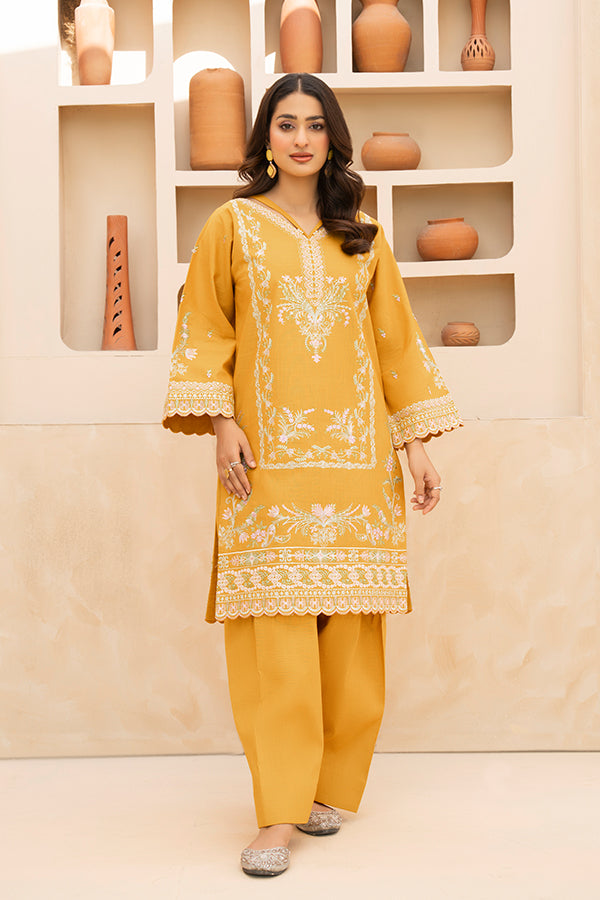 2 Piece Mustard Embroidered Karandi Dress