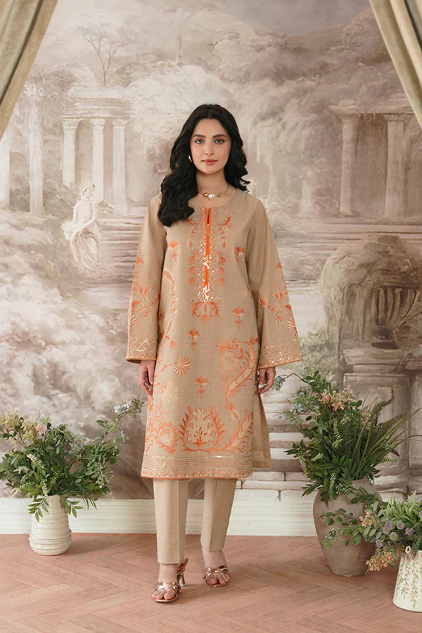 Urooj Skin Lawn Suit with Rust Suzani Embroidery Design