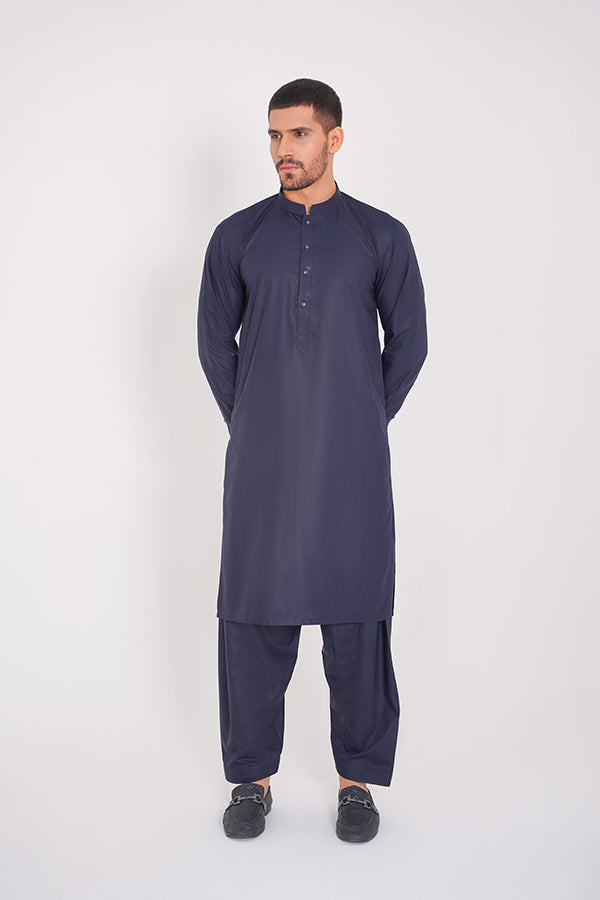 Stitched Navy Blue Blended Plain Dress with Band Collar