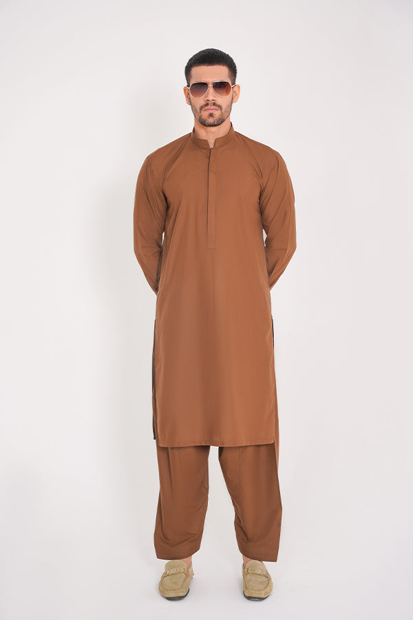 Tan Brown Blended Stitched Suit with Band Collar and Full Sleeves