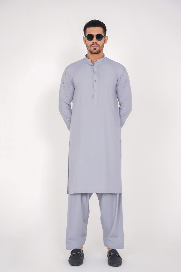 Light Grey Blended Stitched Dress with Band Collar