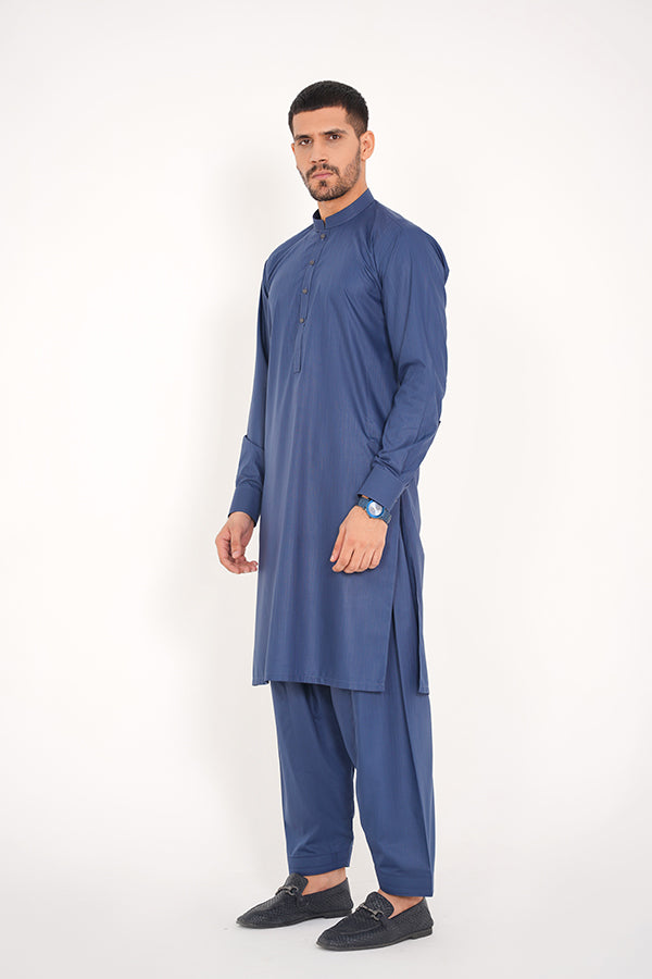 Royal Blue Stylish Blended 2 Pc Dress with Band Collar