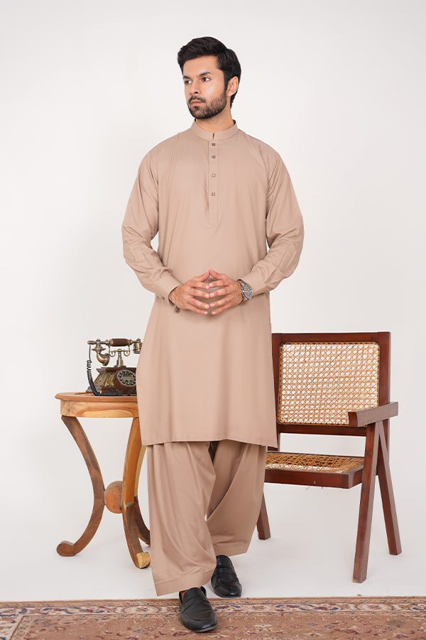 Khaki Blended Dress with Band Collar and Buttoned Placket