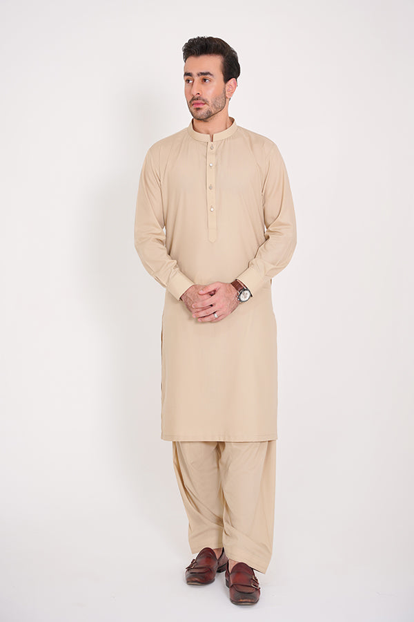Light Beige Blended Suit Set for Men – Band Collar