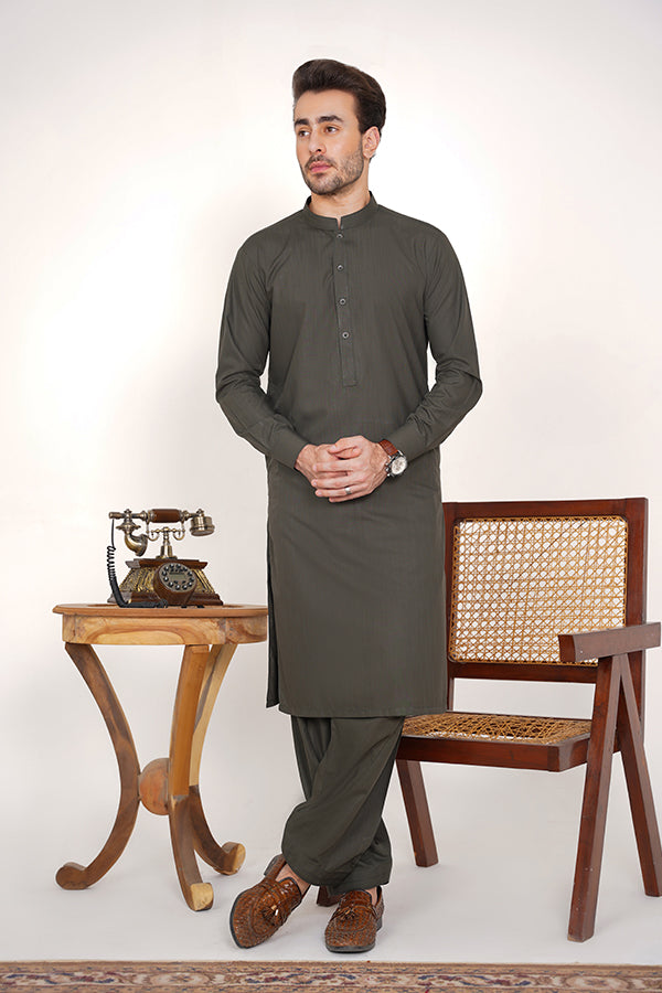 Olive Green Suit for Men – Blended Fabric, Band Collar