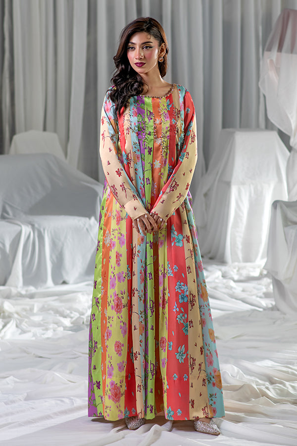 Shop Zarlay Floral Print A-Line Maxi Dress with Vertical Panels in Pakistan